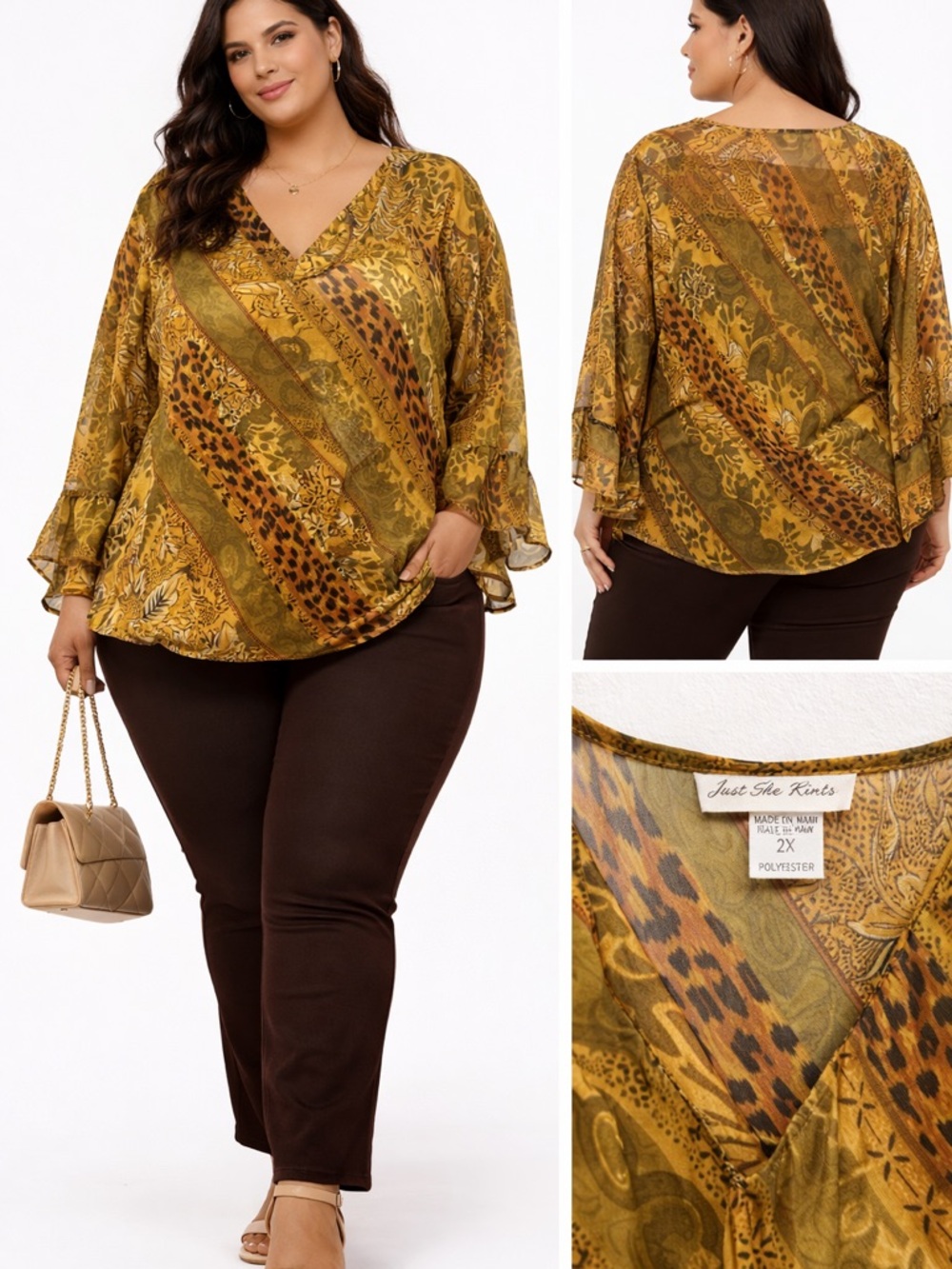 Boho Printed Blouse 2X Bell Sleeve Flowy Top